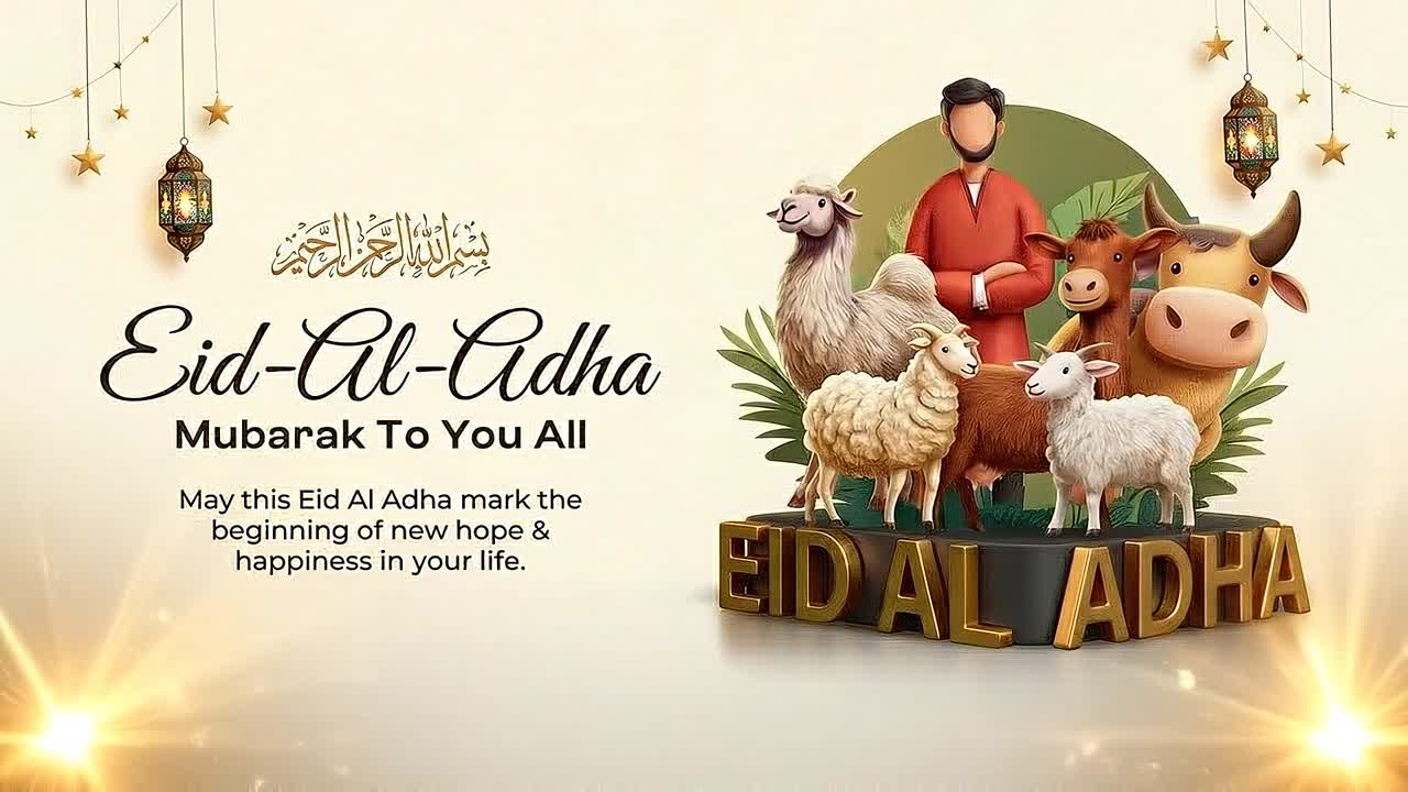 Grafica per banner animato per la celebrazione dell'Eid al-Adha con animali da allevamento, lanterne e tipografia festiva islamica tradizionale.