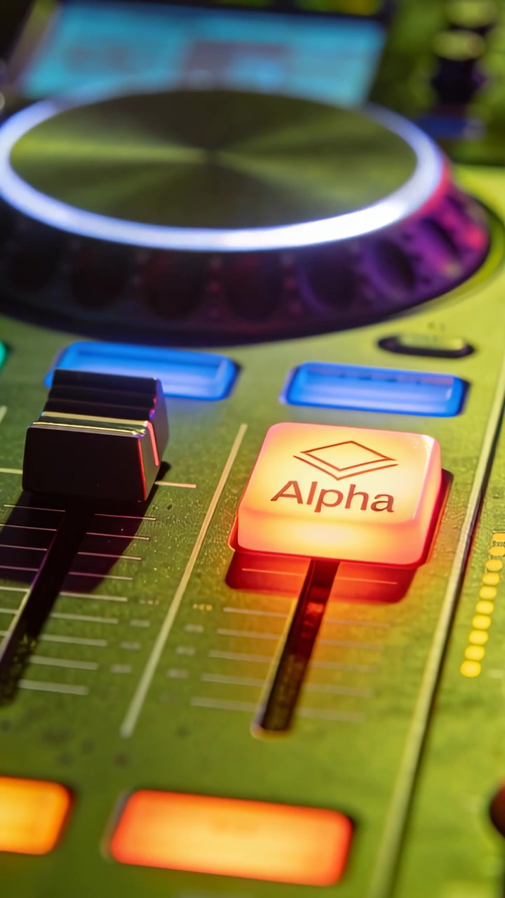 Vertical video: Tapping right hand on Alpha pad, cueing in booth, moving fader, turning jog wheel