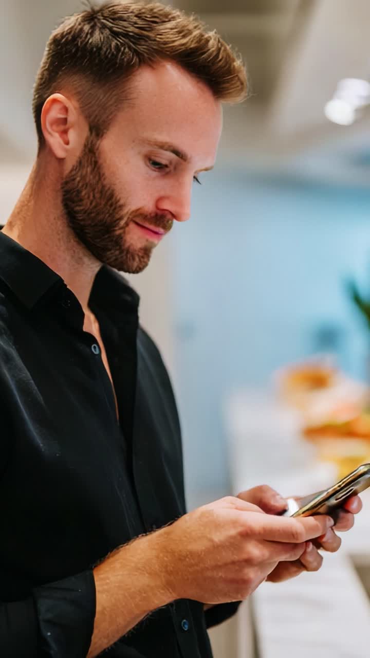 Focused Man Engaged with Smartphone in Modern Kitchen Setting, Showcasing the Intersection of Technology, Personal Interaction, and Contemporary Design Aesthetic for Daily Life Engagement