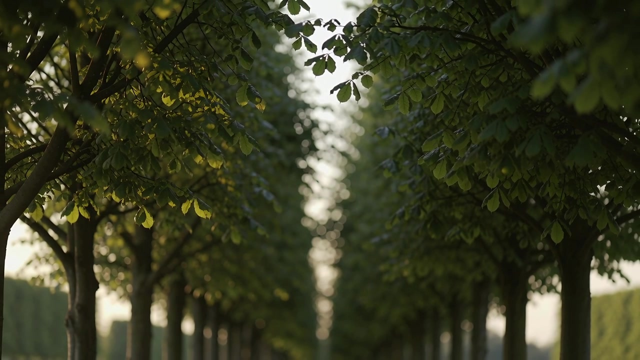 Moving camera revealing pruned tree avenue at park, showing central path toward vanishing point