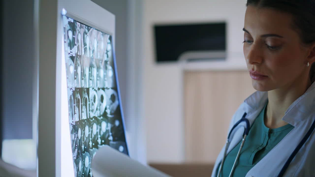 Physician checking x-ray scans preparing consultation at private clinic closeup