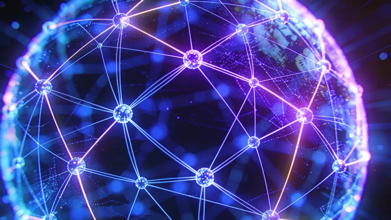 Camera zooming, network sphere rotating, pulsing in space, revealing luminous nodes for inspection