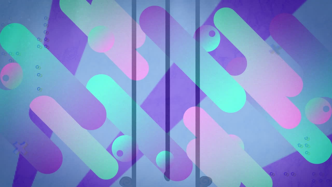 Digital animation of colorful abstract shapes moving against blue gradient background