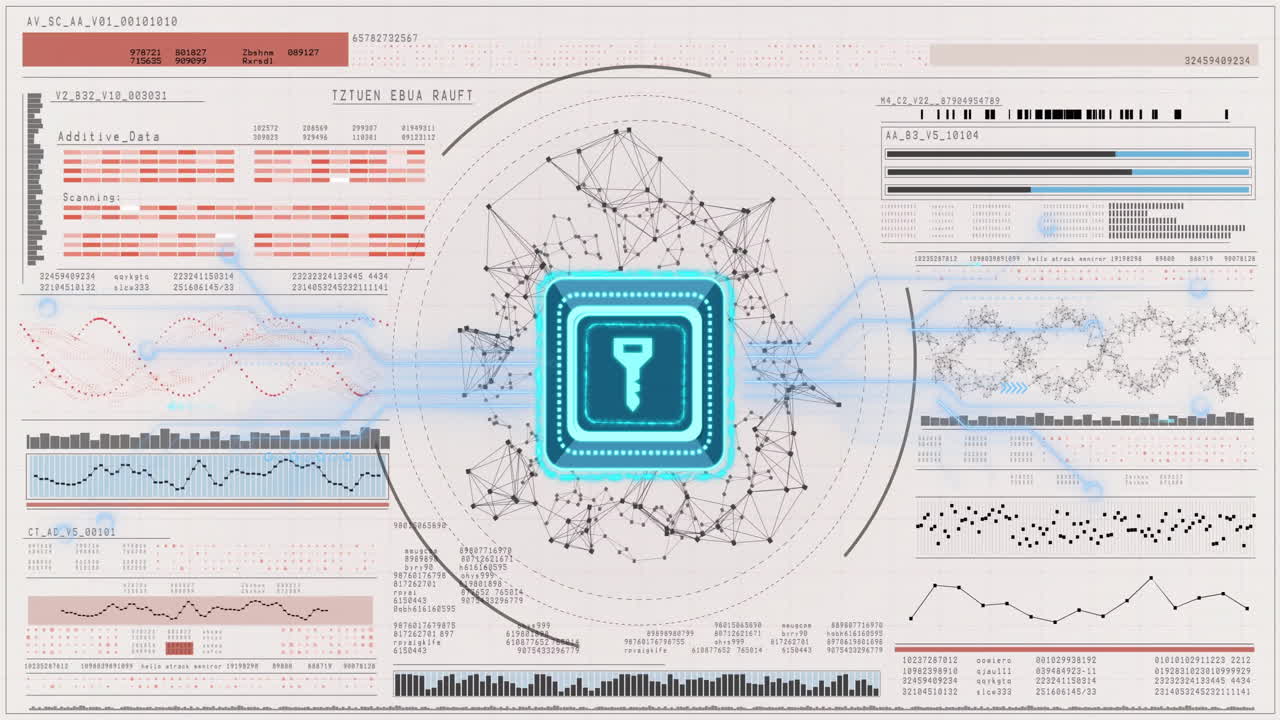 animación del procesamiento de datos y el icono clave sobre la cadena de adn