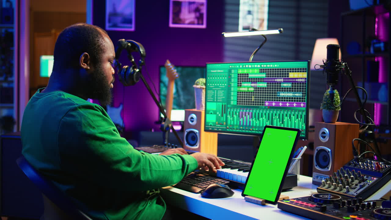 joven músico mezclando y masterizando canciones junto a una pantalla de maqueta aislada