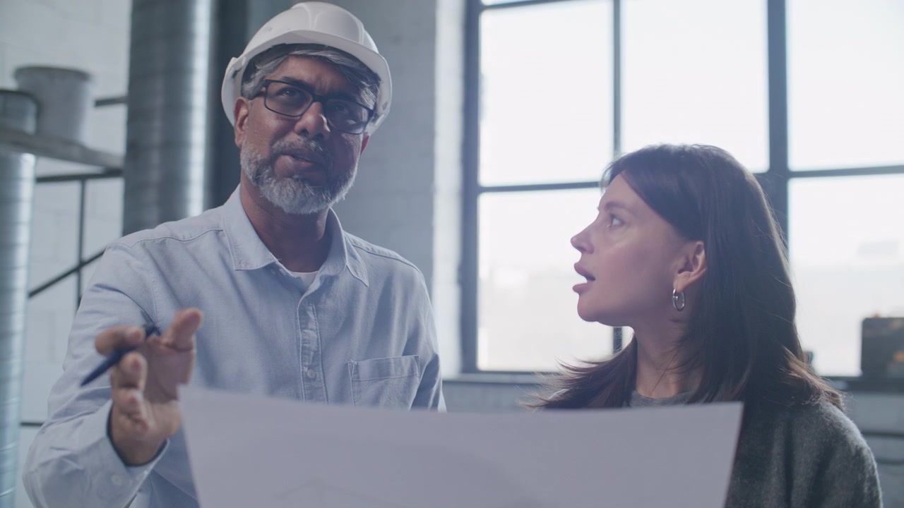 Real Estate Developer and Client Discussing Architectural Plan on Site