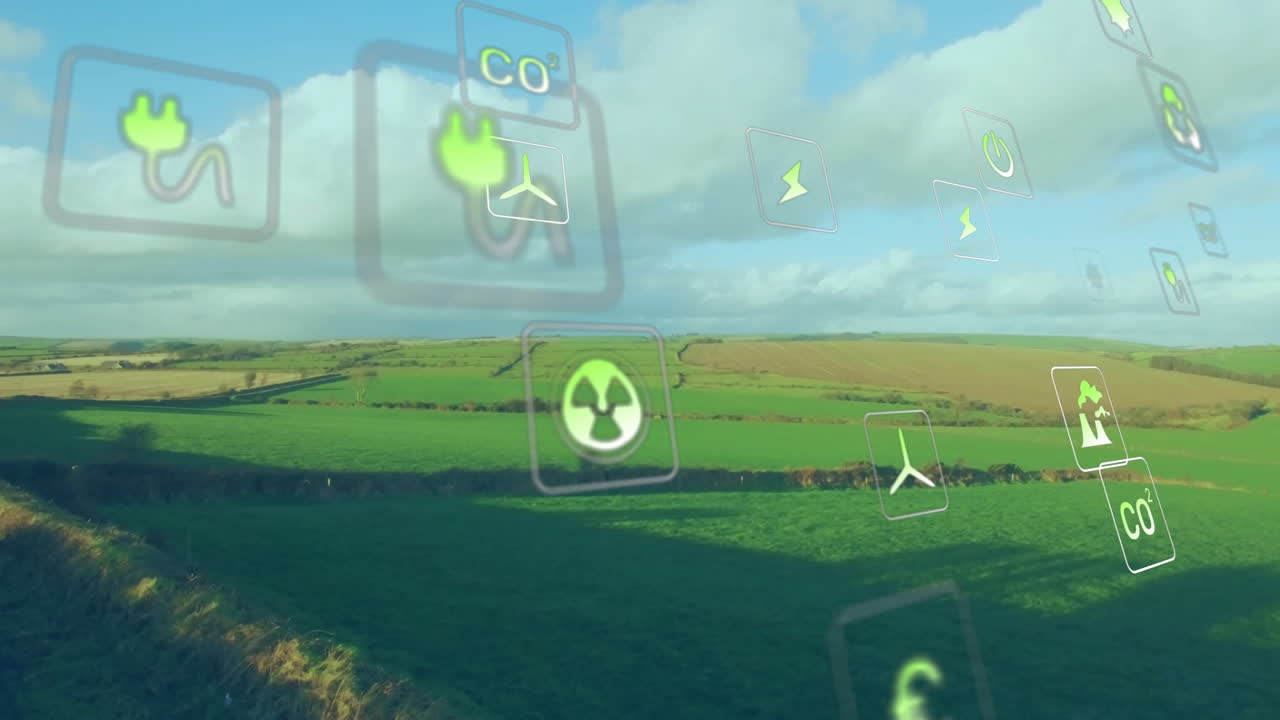 Floating green energy icons overlaying farmland, featuring power, recycling, wind and CO2 symbols