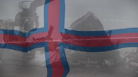 animación de la bandera de las islas feroe contra una máquina de elevación hidráulica en un depósito de chatarra