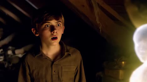 boy scared in a dark attic