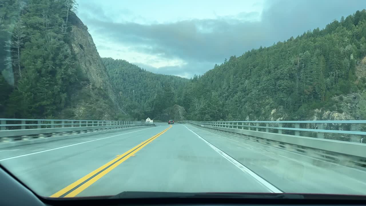 POV shot from a moving vehicle on the Redwood Highway near Humbolt County in Northern California. 4K
