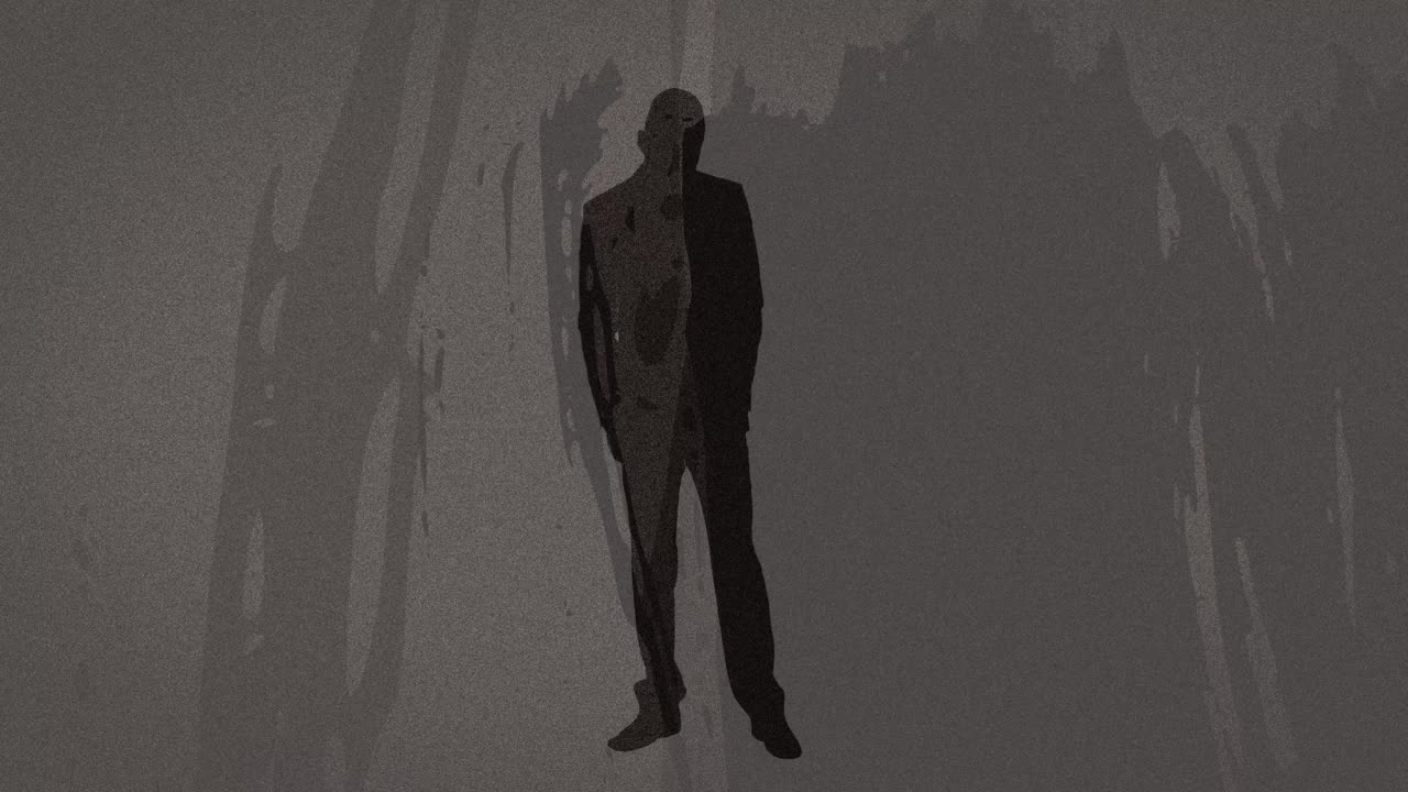 회색 배경에 복사 공간과 함께 사업가의 실루 ⁇ 에 대한 텍스처 스크래치 오버레이