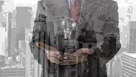 animación de edificios de la ciudad moderna sobre hombre de negocios arrojando y atrapando bombilla