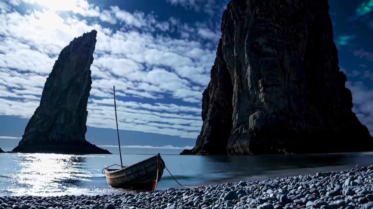 Dramatisk low-angle skud af en båd på en stenet kyst med tårnhøje klipper, der fanger en filmisk video.