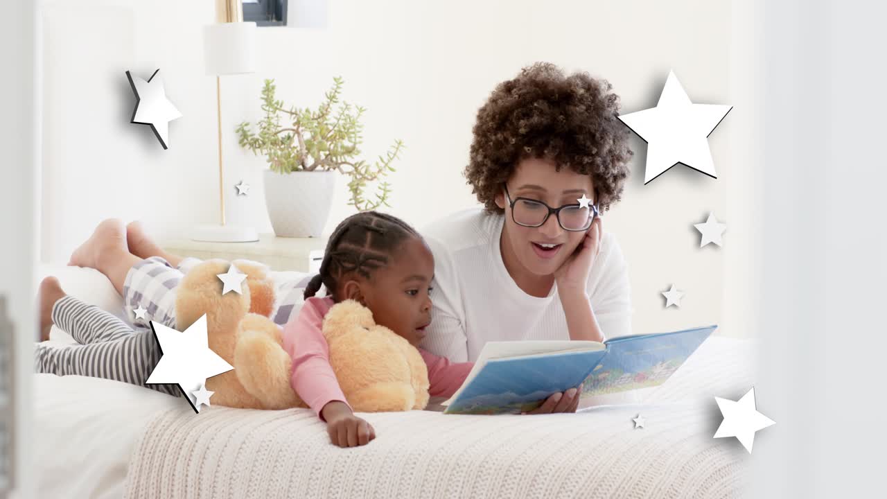 Adult woman opening picture book and reading for bedtime while child hugging teddy, stars drifting