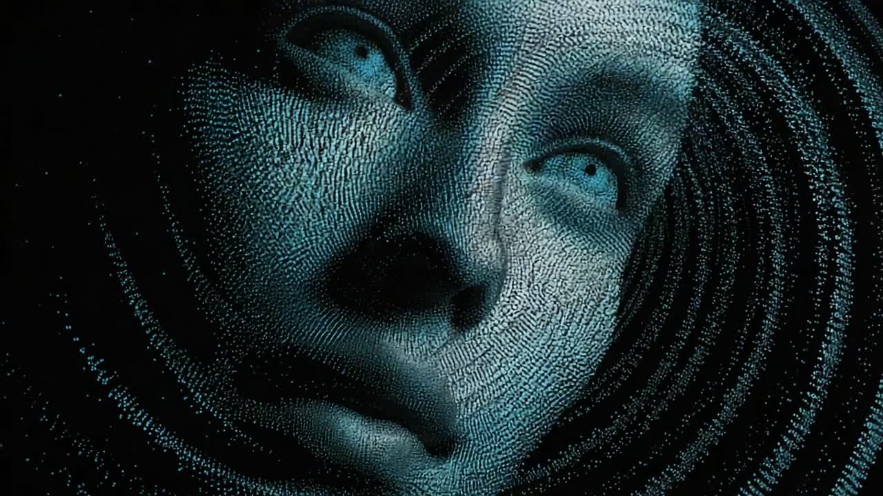 A mesmerizing exploration of facial features crafted from thousands of particles, creating a stunning visual effect that highlights the depth and beauty of human expression amidst swirling patterns and light