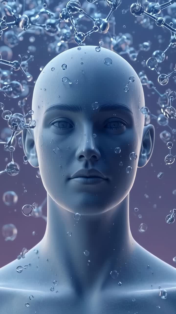 Vertical video: Camera zooming droplets forming and molecules drifting on 3D head in digital space