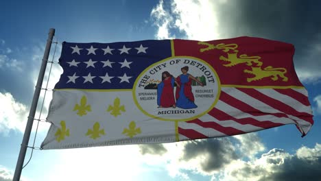 Detroit city flag, city of USA or United States of America, waving at wind in blue sky