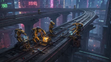 futuristic robots repairing an elevated train track in a neon-city environment, highlighting modern technology and urban architecture