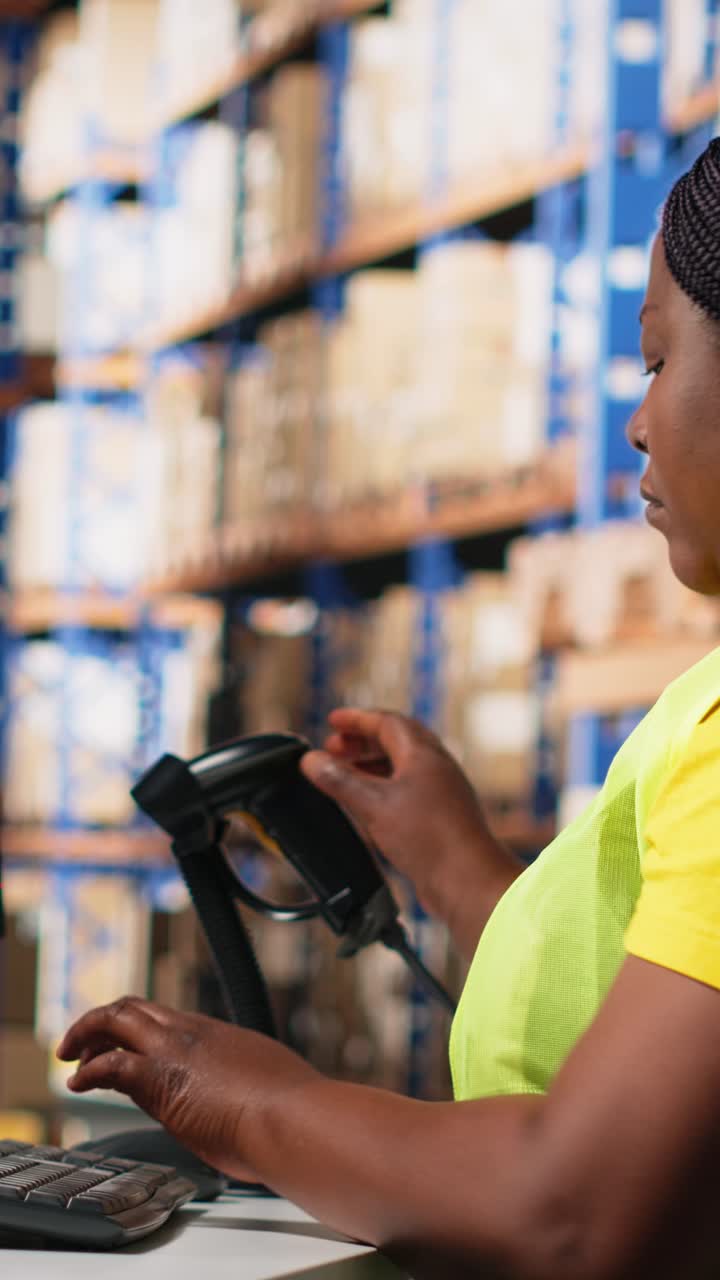 Vertical Video Young woman scanning barcodes with AI systems to handle warehouse operations