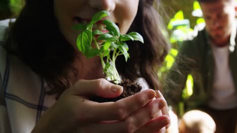 woman holding plantation in garden