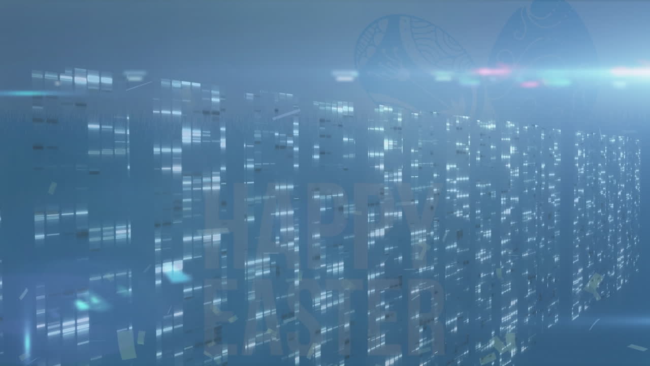 Animation of lights over data processing on blue digital space