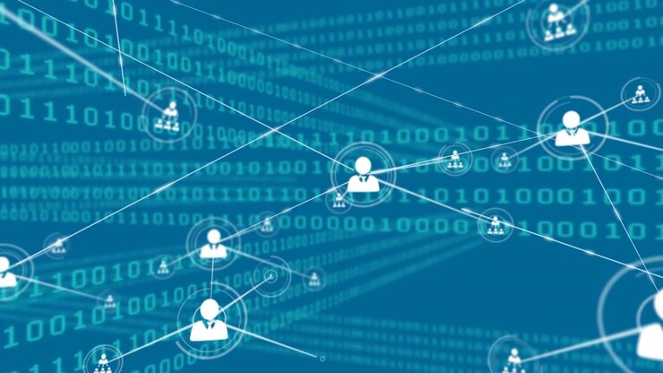 Network of digital icons against network of digital icons rotating scopes rotating ball