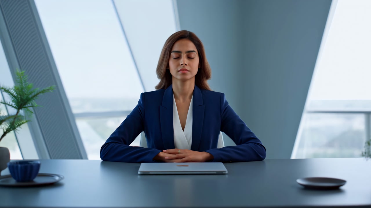 Female Executive At Desk Centering Breath And Composure In Modern Office, Wearing Navy Suit, Hands Folded