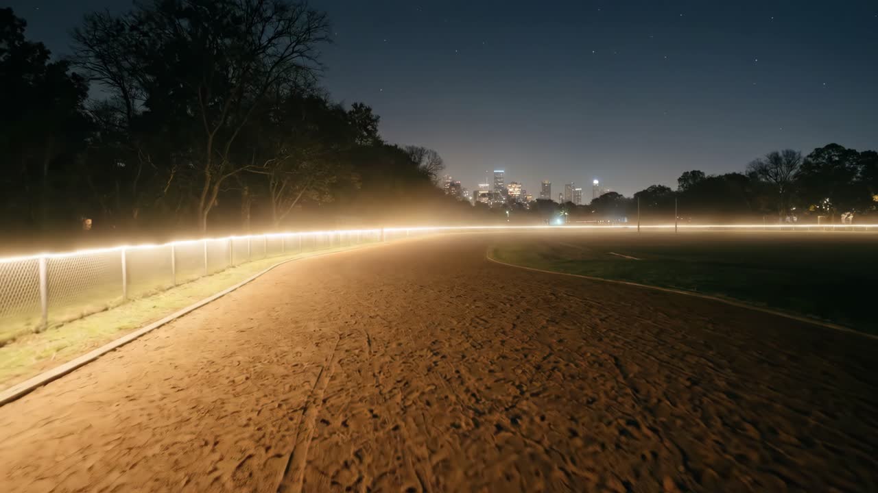 Pista sterrata illuminata di notte con lo skyline della città in lontananza