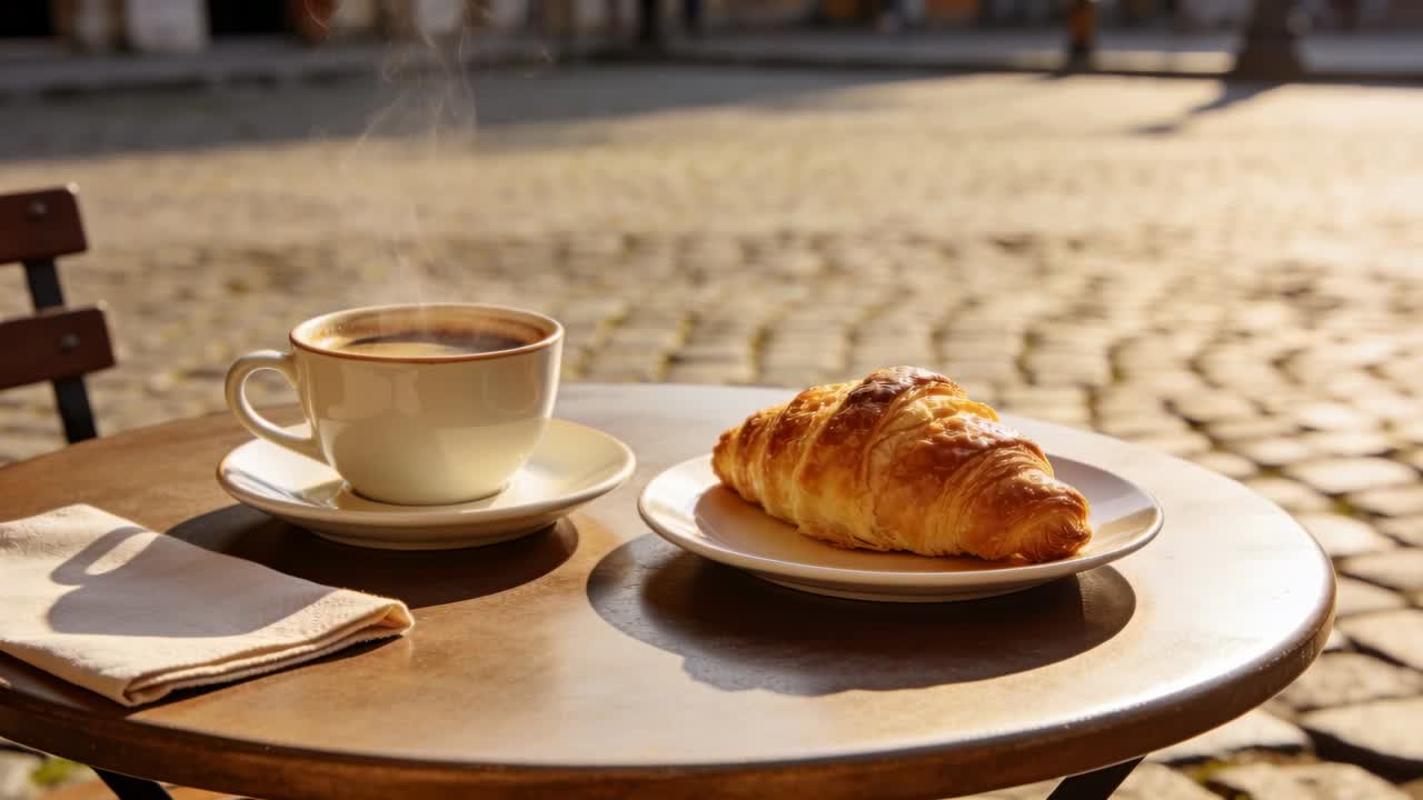 La luce del sole che cambia, una tazza fumante mentre la luce del mattino riscalda un croissant su un tavolo da caffè in una strada acciottolata.