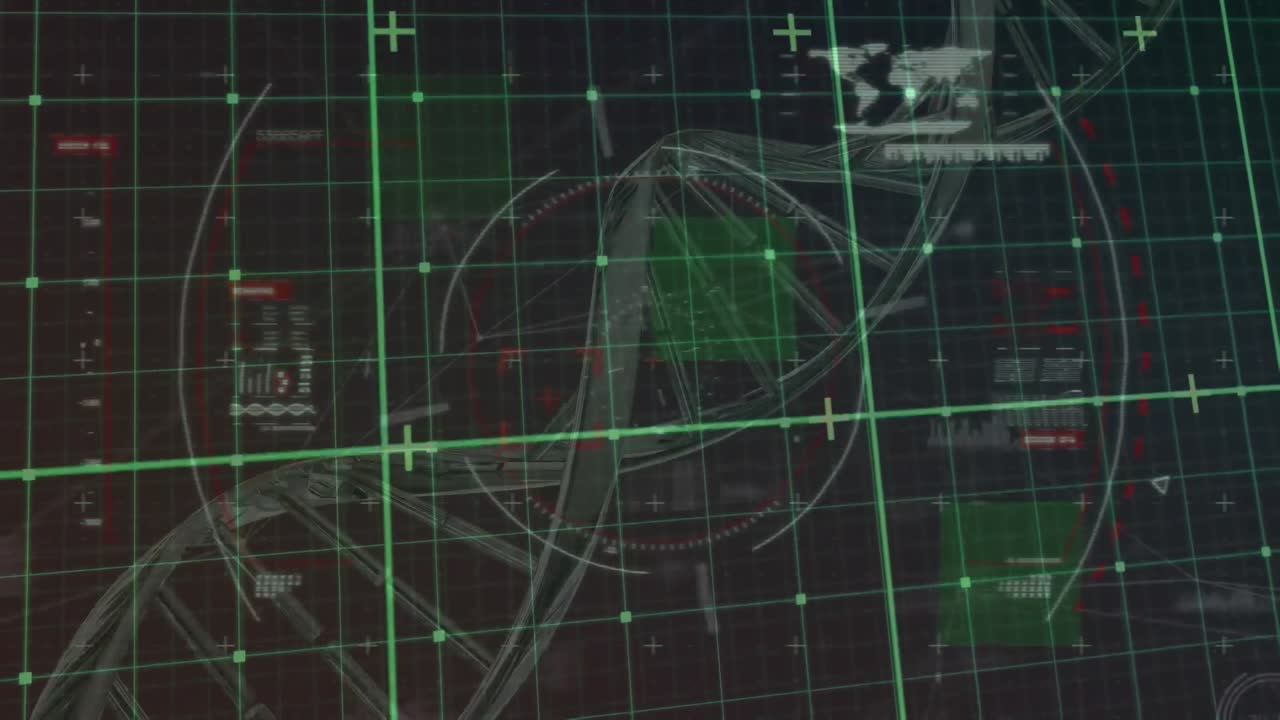 검은색 배경 위에 회전하는 dna 나선과 함께 원, 지도, 로딩 바의 애니메이션