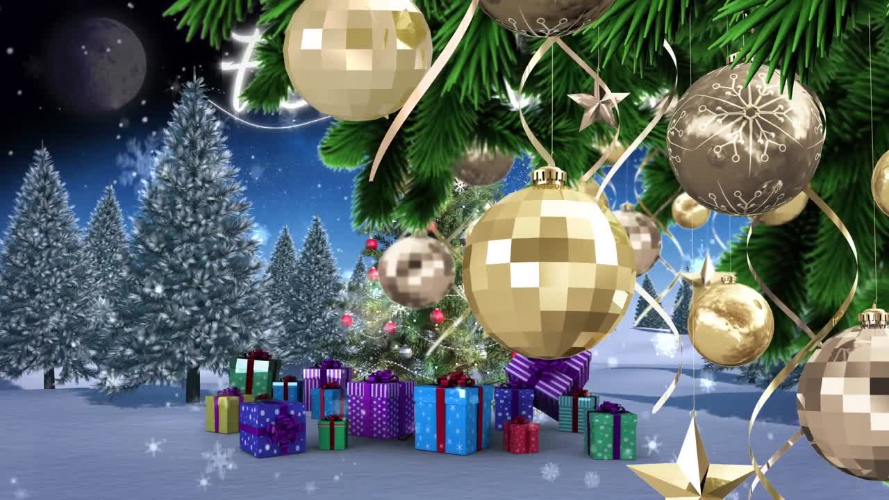 decoraciones de joyas en la rama del árbol de navidad contra la nieve que cae sobre el árbol de navidad y los regalos