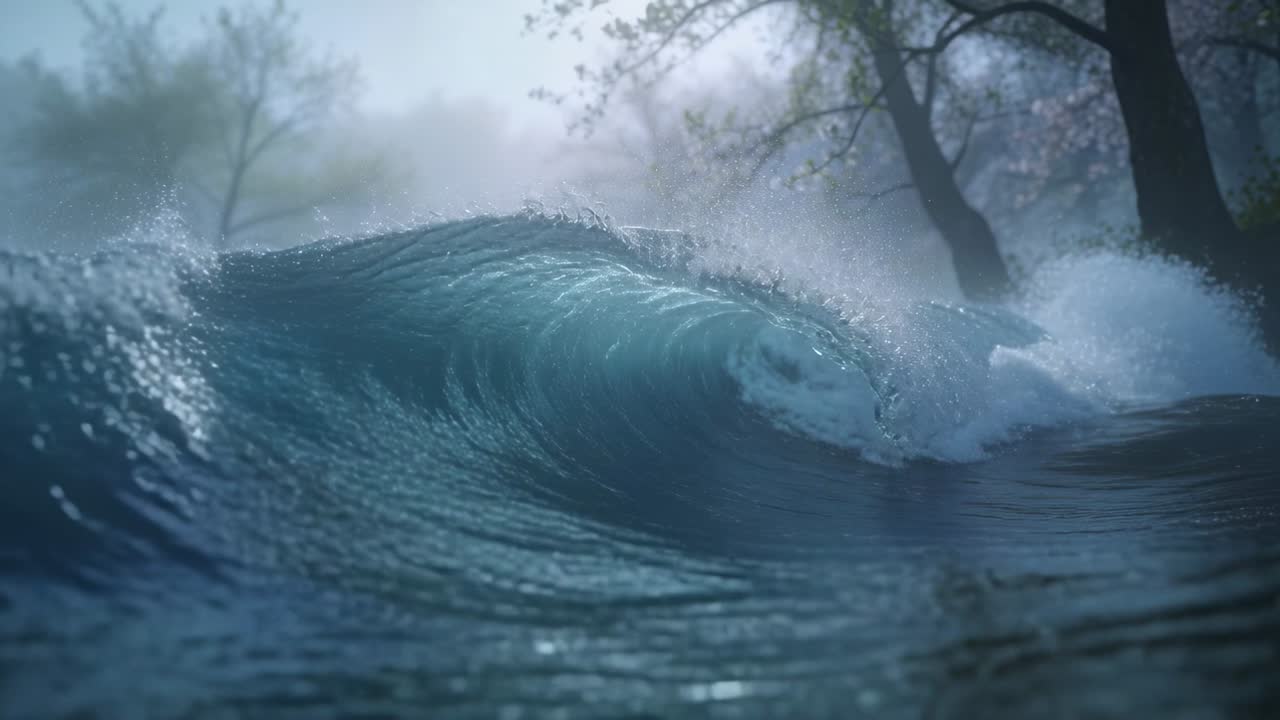Rolling turquoise wave curling into tube, breaking upon meeting shallows at misty shoreline foaming