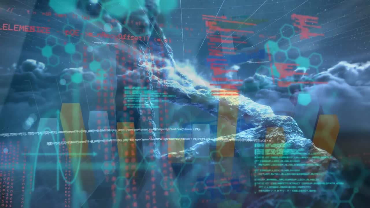 animación del procesamiento de datos médicos y gráficos sobre nubes oscuras en el cielo