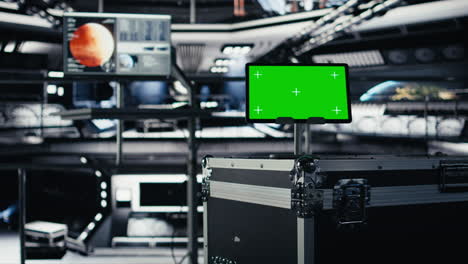 close up of green screen tablet inside spacecraft used for monitoring systems