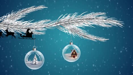 Animation-of-santa-claus-in-sleigh-with-reindeer-over-snow-and-bauble-on-navy-background