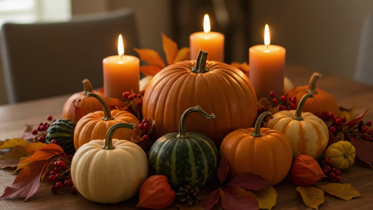 A Beautiful Autumn Table Arrangement Featuring Vibrant Pumpkins and Soft Candlelight for a Cozy Seasonal Atmosphere