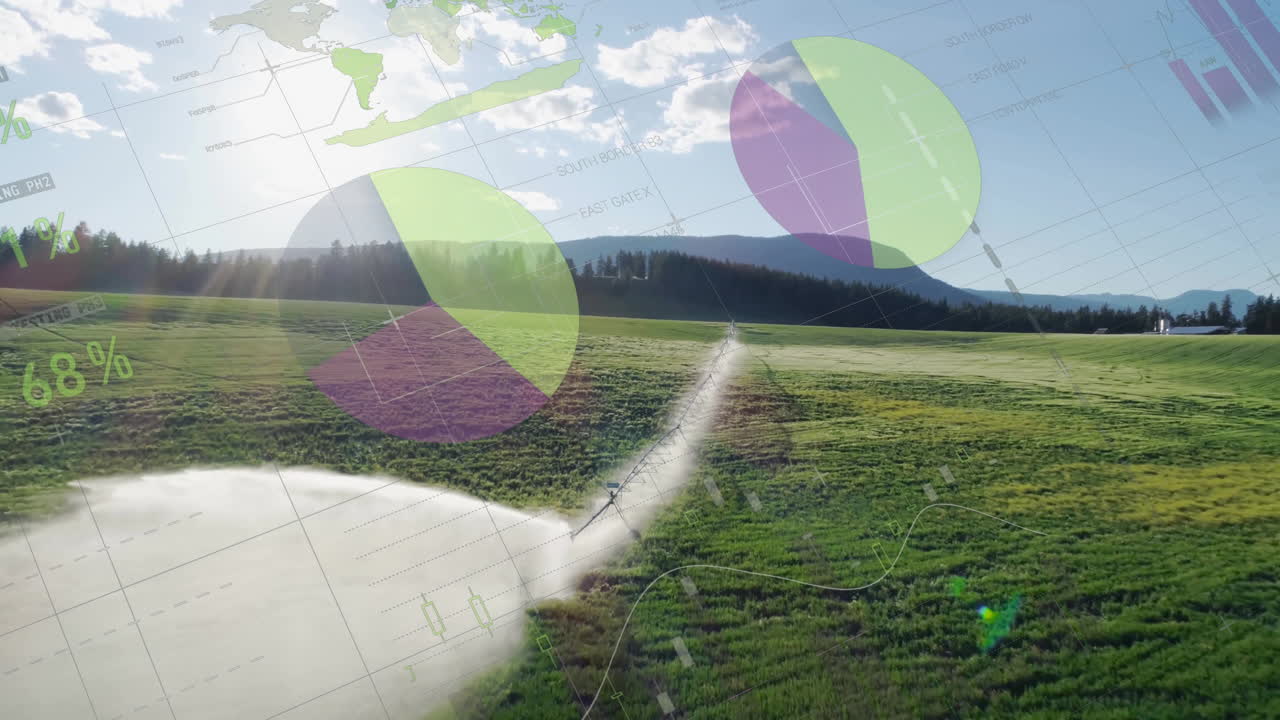 Agricultural field with irrigation system and data charts overlay animation