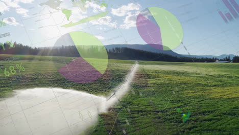 agricultural field with irrigation system and data charts overlay animation