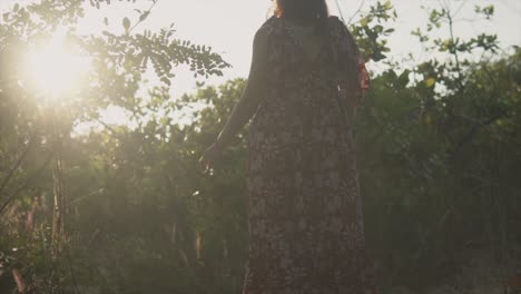 low angle shot of the back of a caucasian female walking through a field, the golden rays of the distant sunset shining through the gaps of the trees on a beautiful carefree day