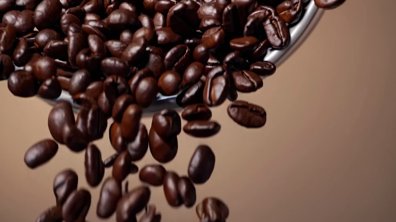 Close-up video of coffee beans cascading from a container, captured from a low angle