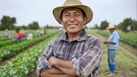proud latin american farmer in cultivated field