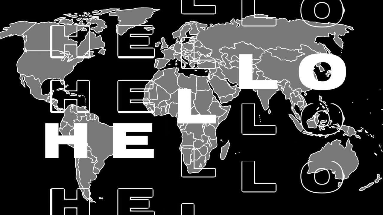 Animation of hello text over world map on dark background