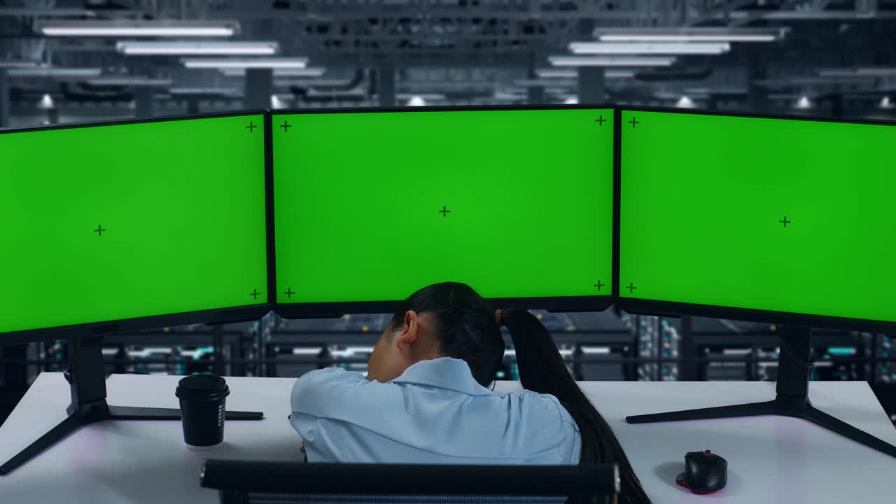데이터 센터에서 모의 여러 컴퓨터 모니터와 함께 작업하는 동안 잠을 자는 피곤한 아시아 여성의 뒷면