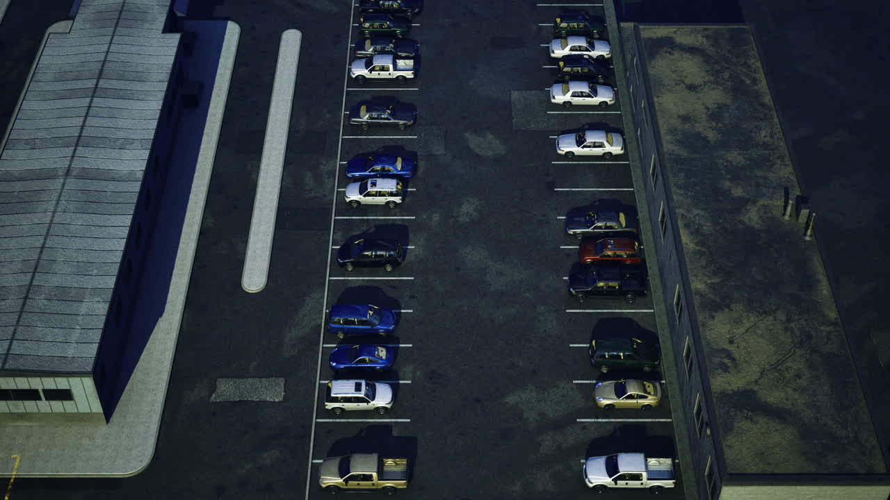 Cars parked at night in a commercial parking lot near a building