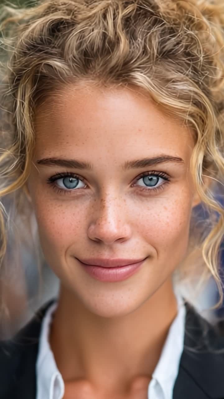 Ritratto accattivante di una giovane donna con occhi azzurri splendenti e bellezza naturale, che mostra un sorriso luminoso e un fascino senza sforzo.