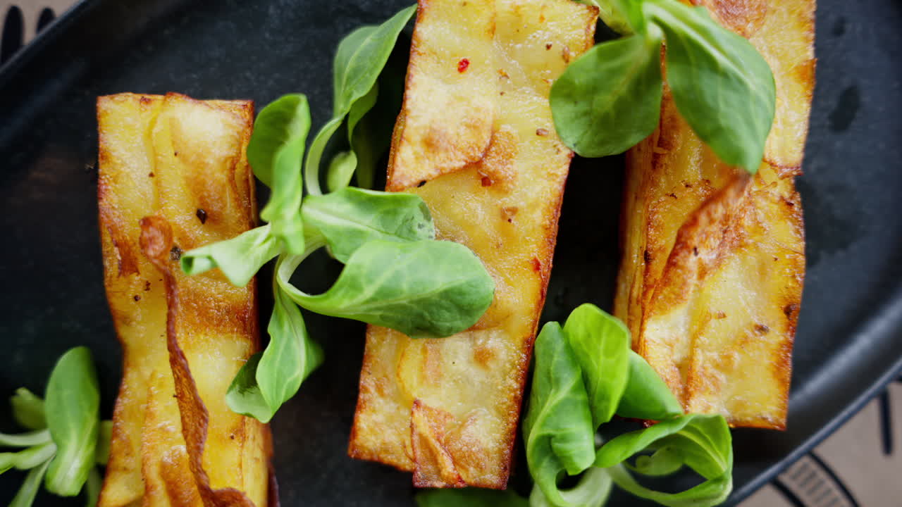 Fried spring rolls with valerian salad on a black plate