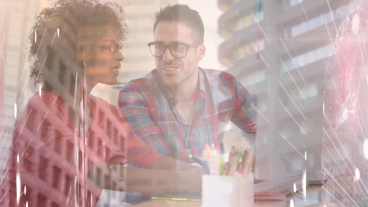 red de conexiones contra diversos colegas masculinos y femeninos que discuten en la oficina