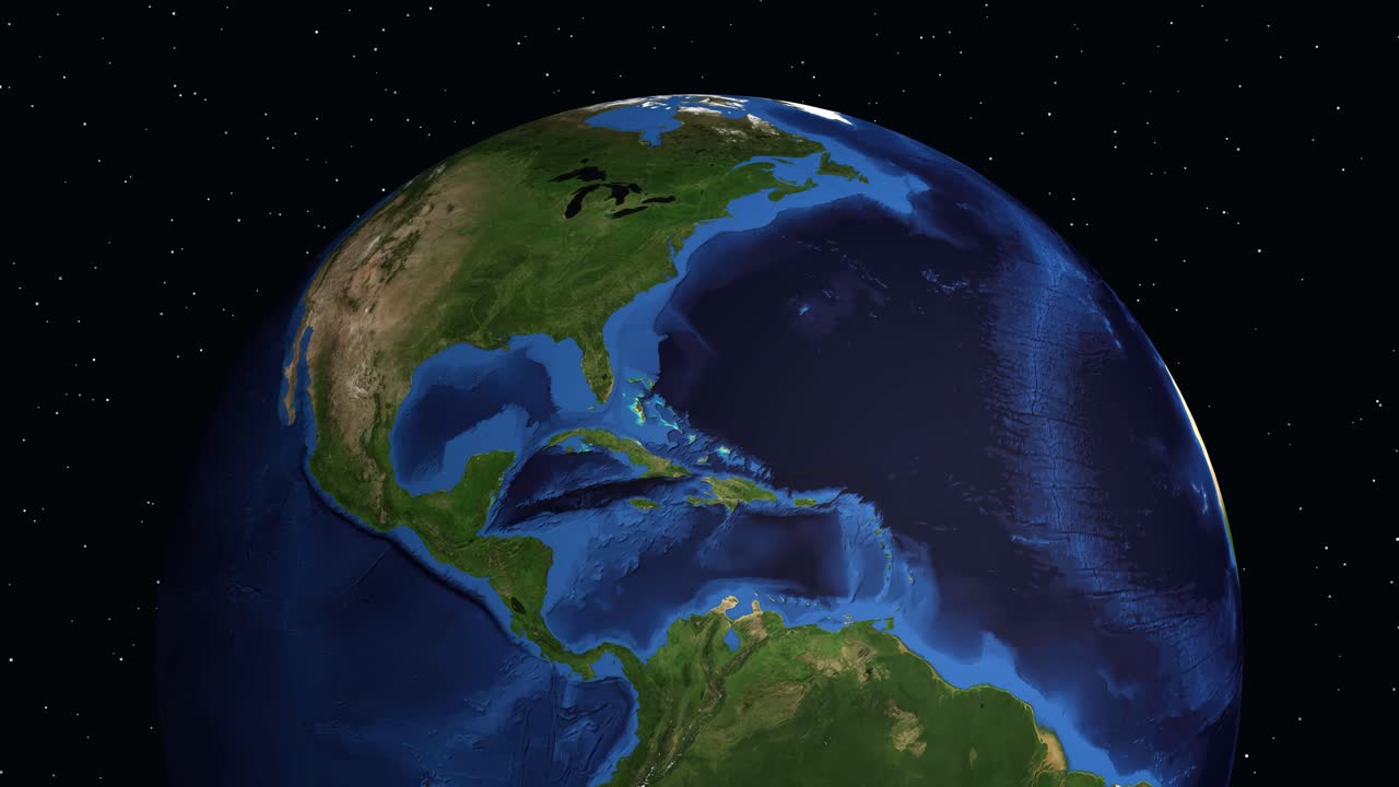 Globo digitale che ruota e zooma sul Nord America, evidenziando Port Arthur, Texas, con testo informativo