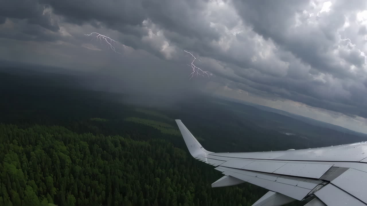 самолет, летящий через шторм над лесом