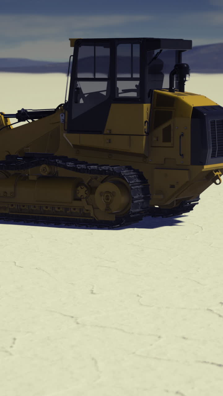 Heavy machinery operates on a dry lakebed under a vast blue sky